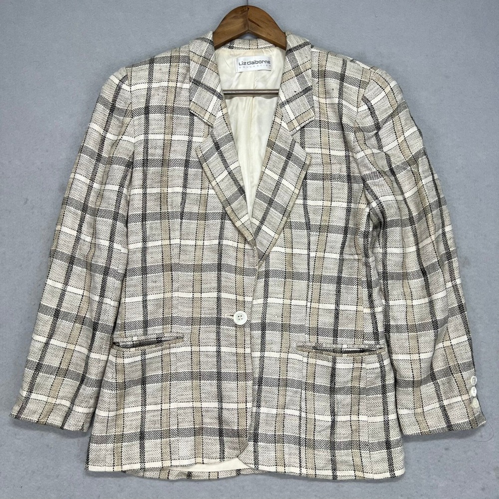 Vintage Liz Claiborne Plaid Silk‎ Blend Tweed Blazer Jacket Womens 8 One Button
